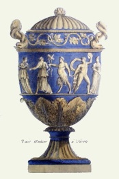 print of blue classical urn