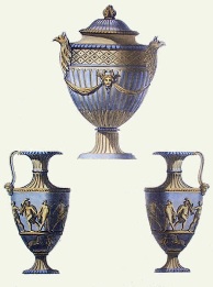 print of classical vases and urn, blue