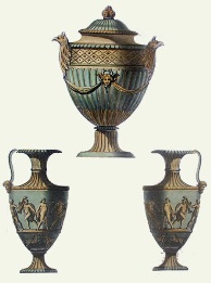 print of classical vases and urn, green