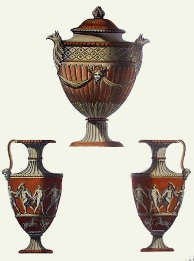 print of classical vases and urn, red