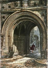 hand coloured etching of St.Augustines, Glastonbury