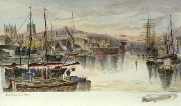 hand coloured etching of Bristol Cathedral and Docks