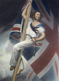 british sailor up mast with union jack