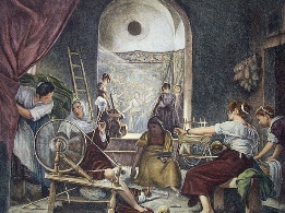 Tapestry Weavers, hand colored print