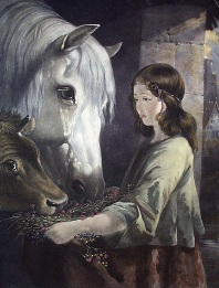 large print of girl, horse and calf