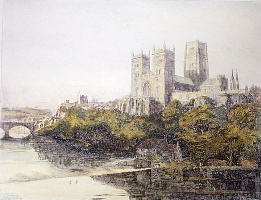 hand coloured etching, Durham cathedral