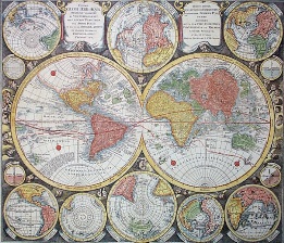 world map, hand colored reproduction