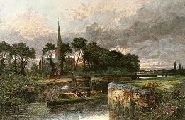 hand coloured print of Stratford Lock