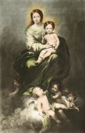 Madonna and Child, after Murillo, hand colored print