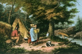 Indian Encampment, Caughnawaga, hand colored etching