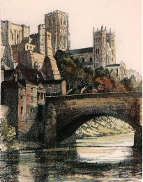 hand coloured print of Durham cathedral and bridge