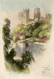 hand coloured print of Durham cathedral