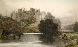 hand coloured print of Ludlow Castle