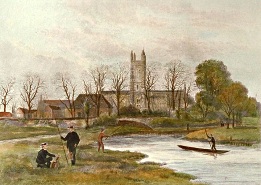 hand coloured print of Winchester College Watermeads