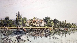 large hand colored print of Bisham Abbey